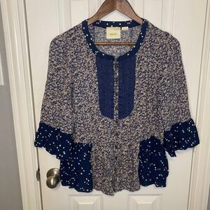 Maeve Anthropologie Blouse Top Womens 10 Mixed Print Lace Ruffle Blue Boho